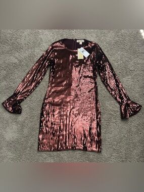 Michael Kors Brown Sequin Cocktail Dress Size M Peplum Sleeve Sheath